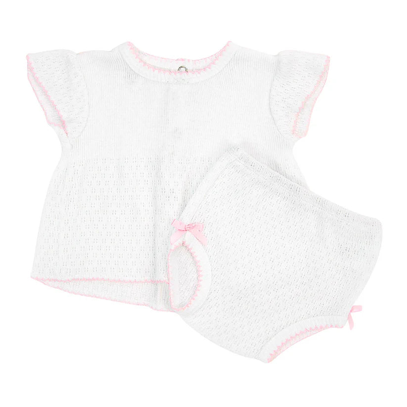 White with Pink Trim Paty Knit Flutter Sleeve Diaper Set