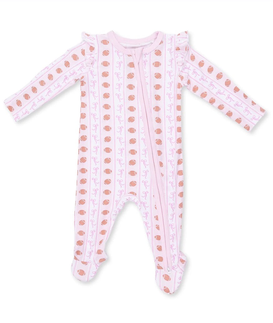 Football Bows stripe 2 way zipper footie