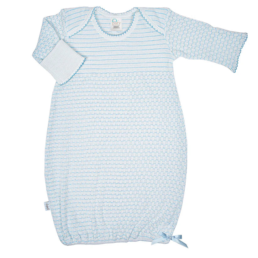 Paty Knit Overlap Shoulder Blue Pinstripe Gown with Bow