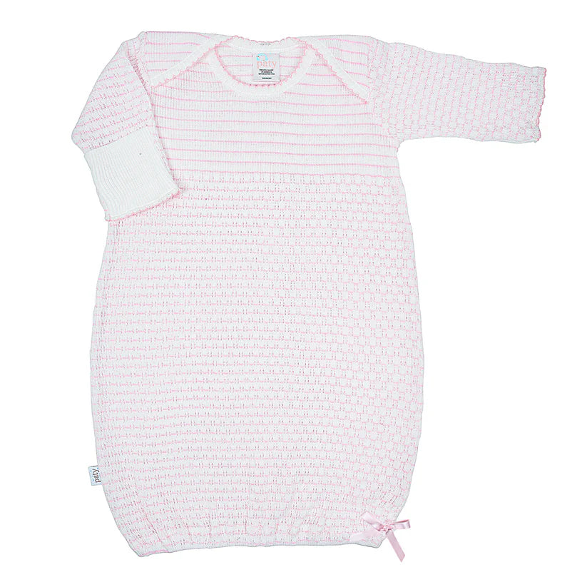 Paty Knit Overlap Shoulder Pink Pinstripe Gown with Bow