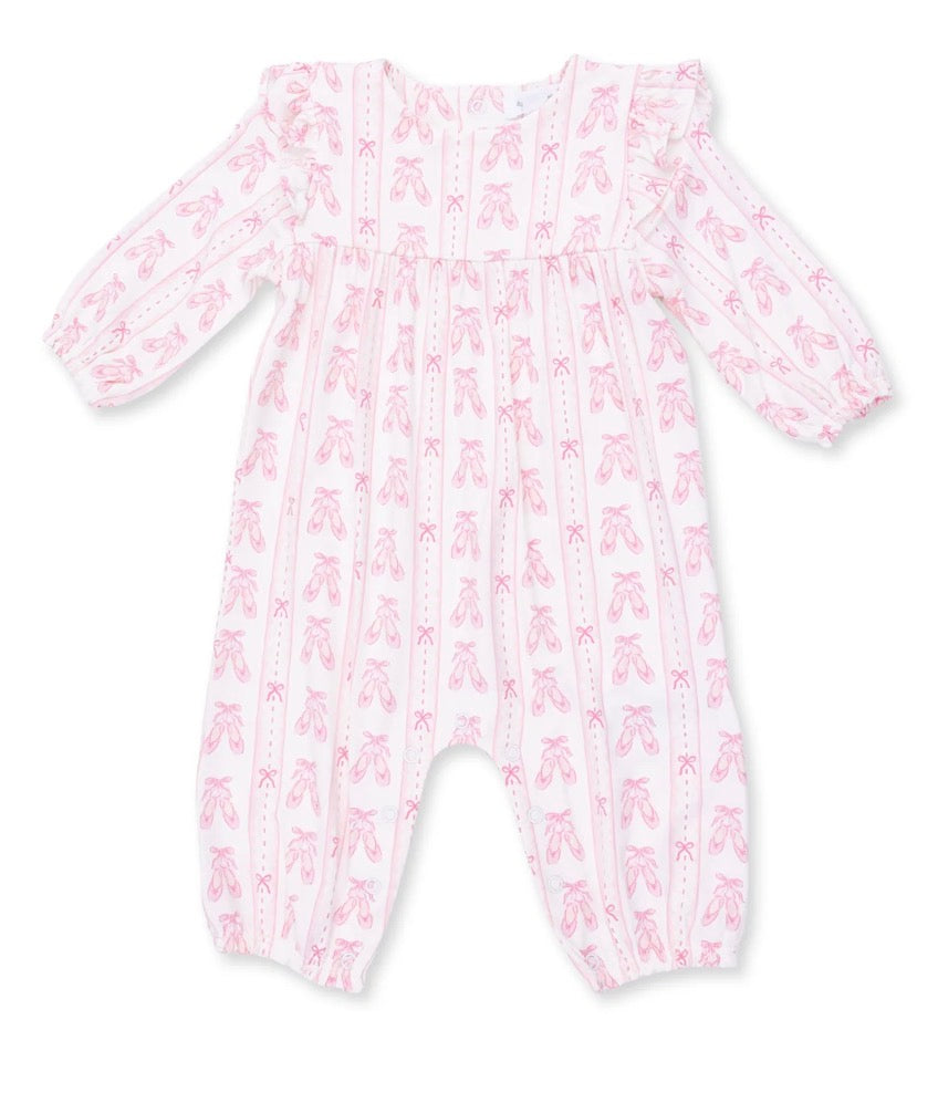 Ballet Shoes Ribbon Stripe Ruffle Sleeve Snap Romper