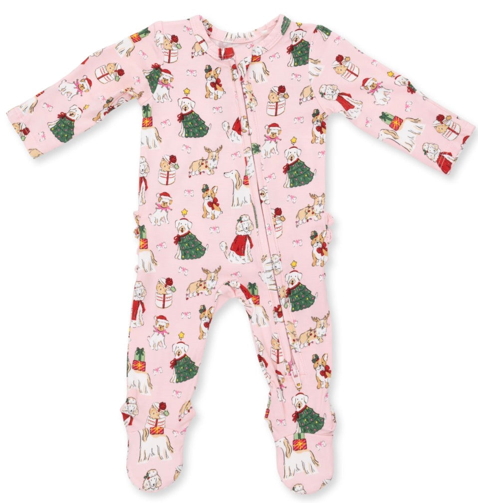 Christmas Dog Pink 2 Way Ruffle Back Zipper Footie