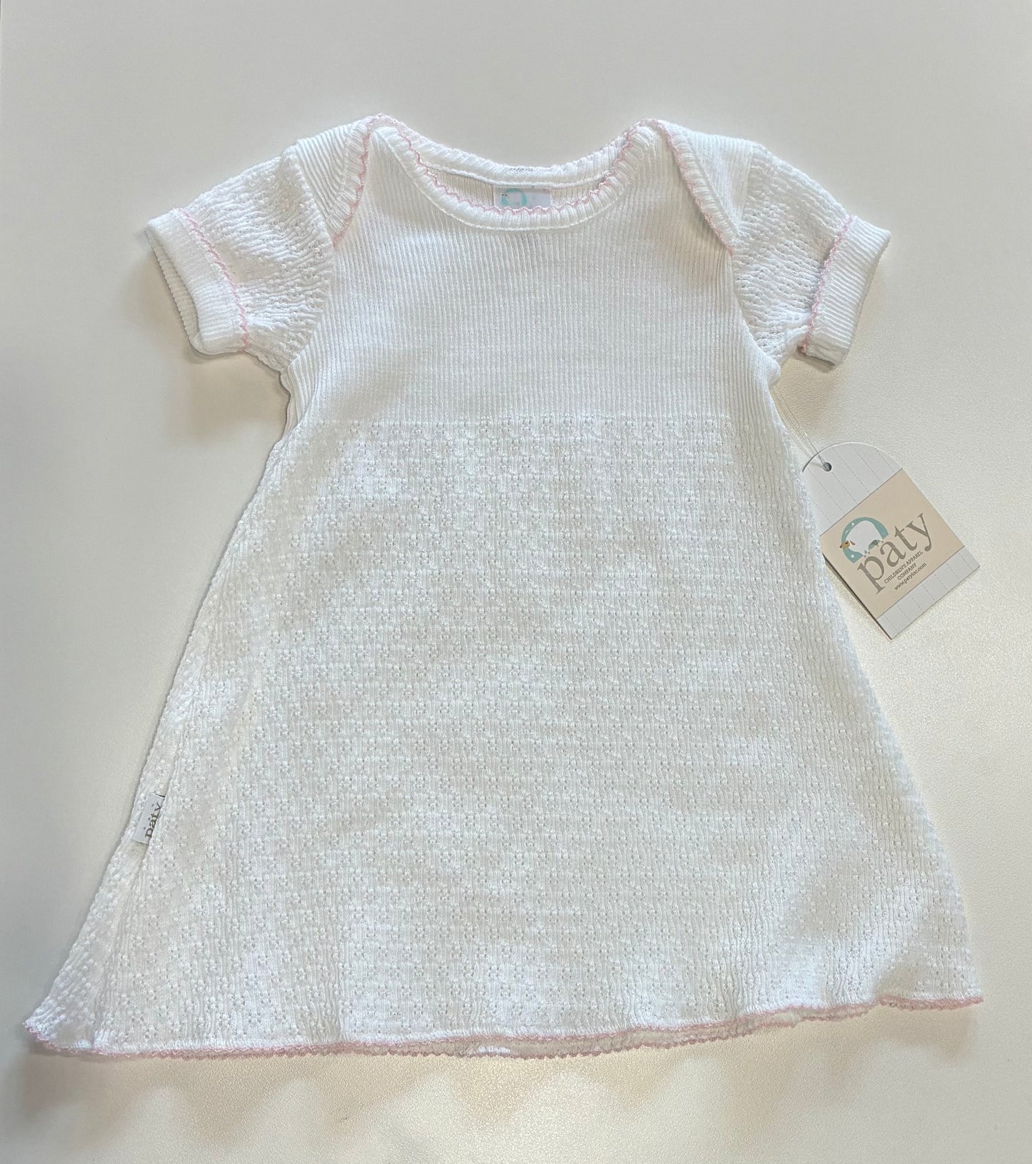 White with Pink Trim Paty Knit Overlap Shoulder Dress
