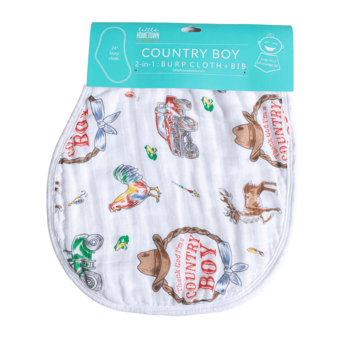 Country Baby Boy Burp Cloth and Bib 2 in 1 Soft Bamboo Organic Cotton Combo