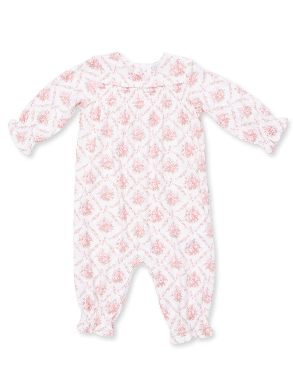 Smocked Long Sleeve Romper, Rose Bow Lattice