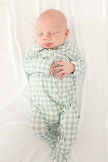 MOSS GINGHAM PETER PAN COLLAR ZIPPER FOOTIE