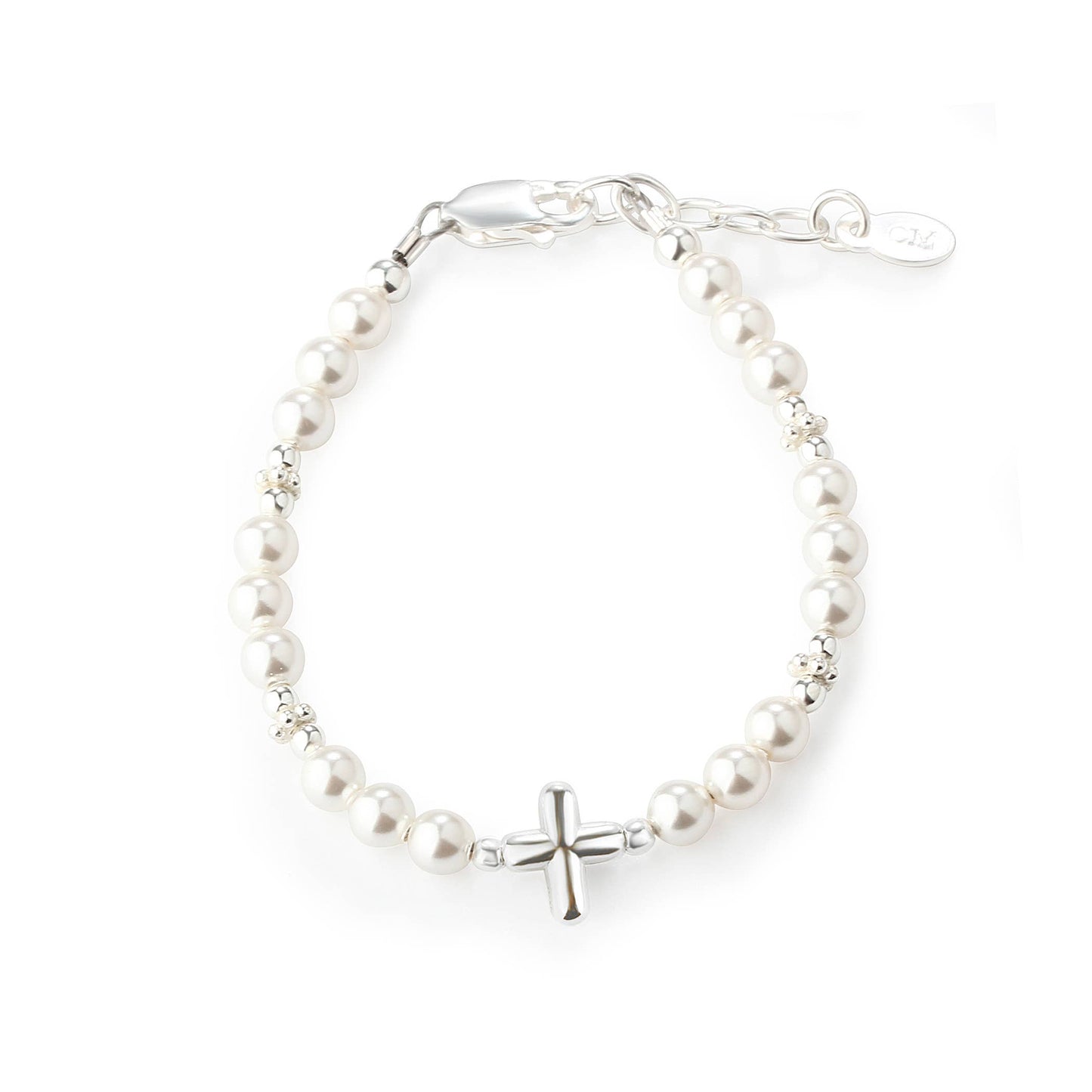 Girls Sterling Silver Pearl Cross Baby Bracelet Baptism Gift