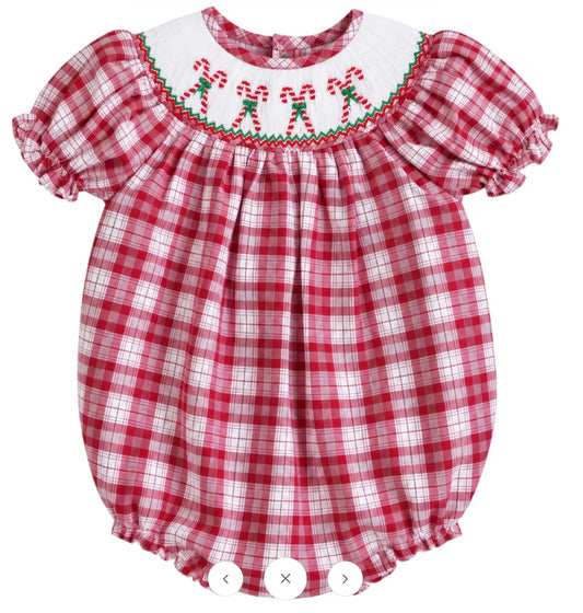 Candy Cane Smocked Red Plaid Girls Bubble