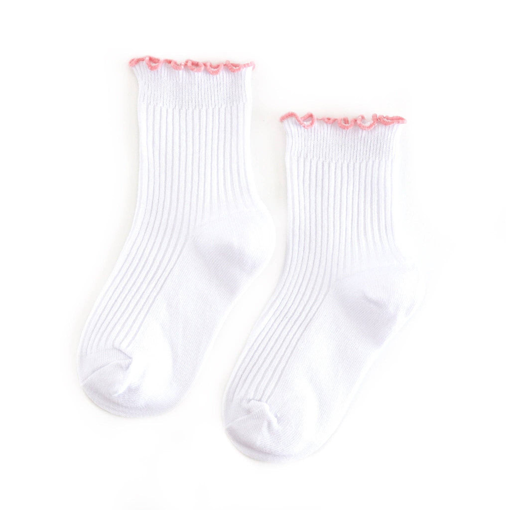 Ribbed Lettuce Trim Midi Socks - White/Blossom
