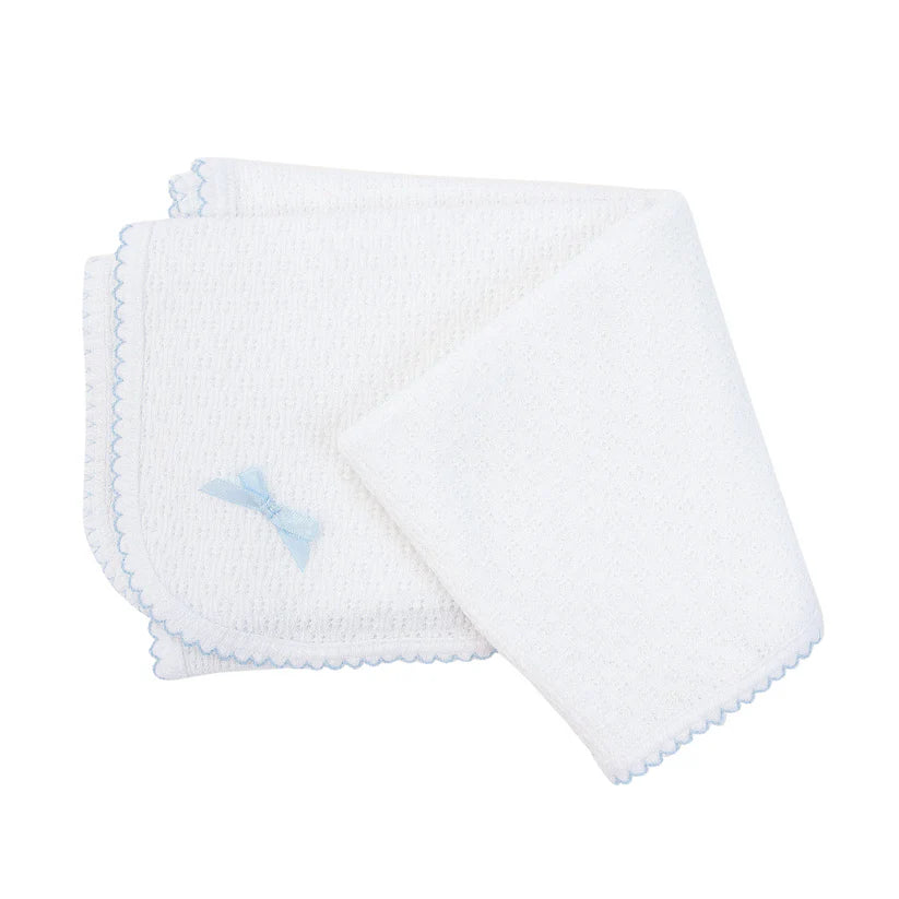 White Knit Swaddle Blanket with Blue Trim