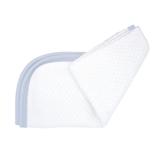 White Knit Swaddle Blanket with Blue Pima Cotton Trim