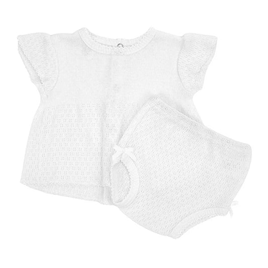 White Paty Knit Flutter Sleeve Diaper Set