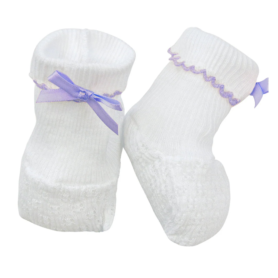 White Knit Booties with Lavender Trim