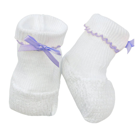 White Knit Booties with Lavender Trim