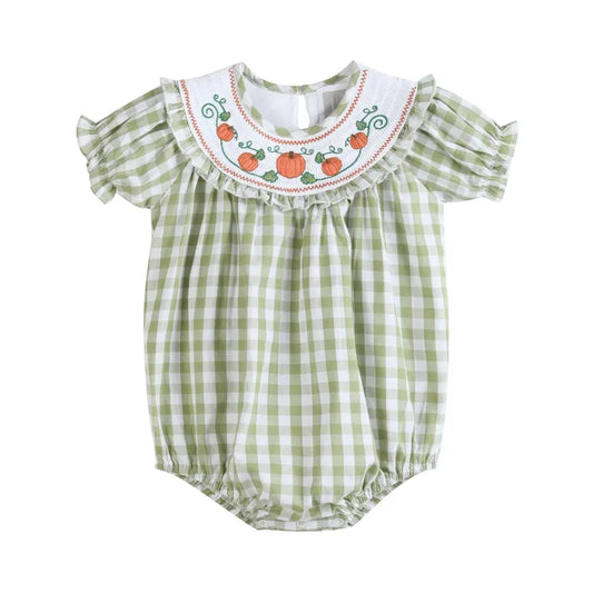 Sage Green Gingham Pumpkin Smocked Romper