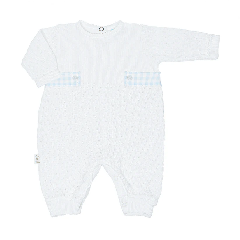 Paty Knit Long Sleeve Romper with Blue Gingham Tabs