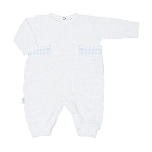 Paty Knit Long Sleeve Romper with Blue Gingham Tabs