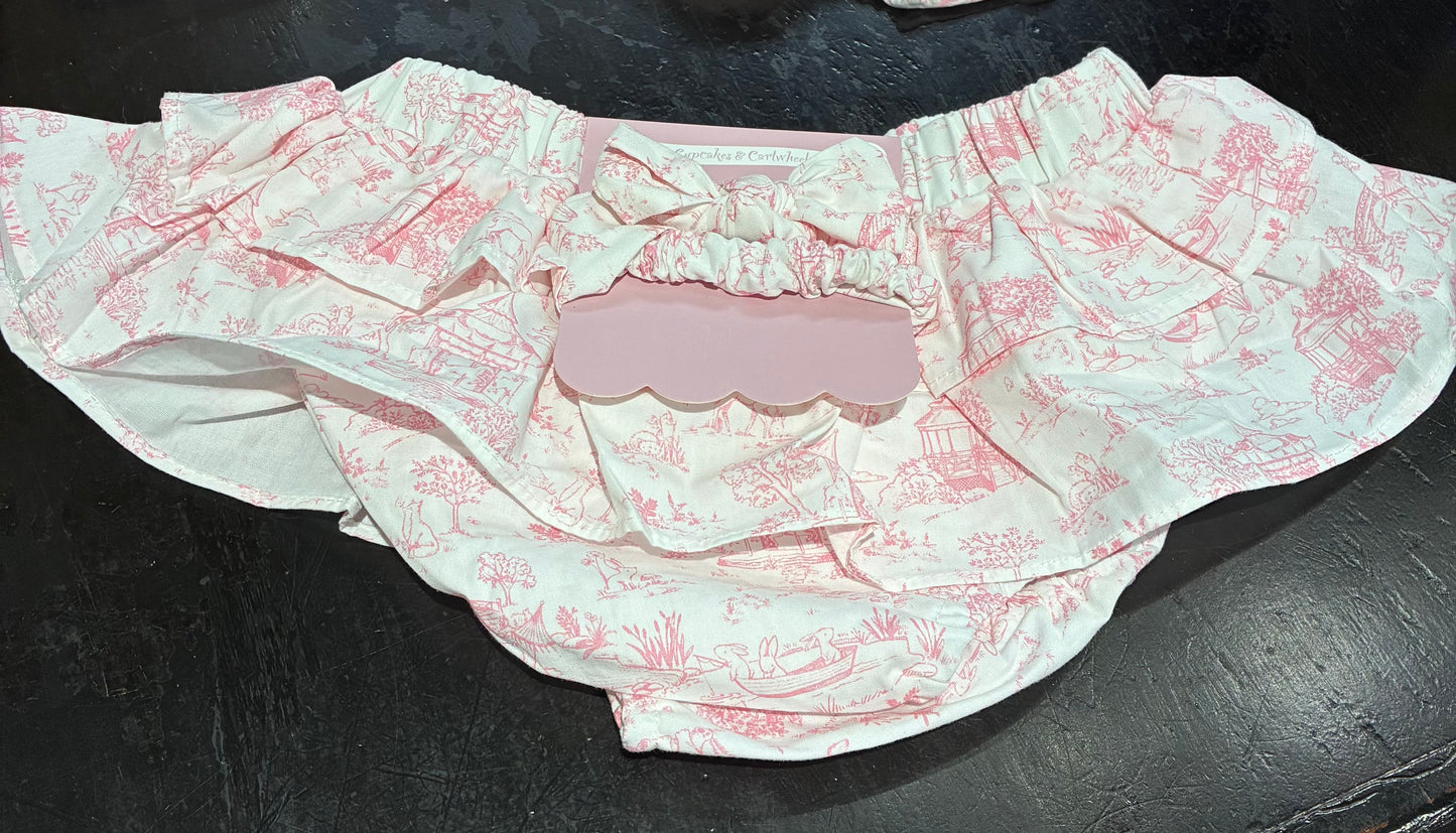 Pink toile Bloomers with Headband