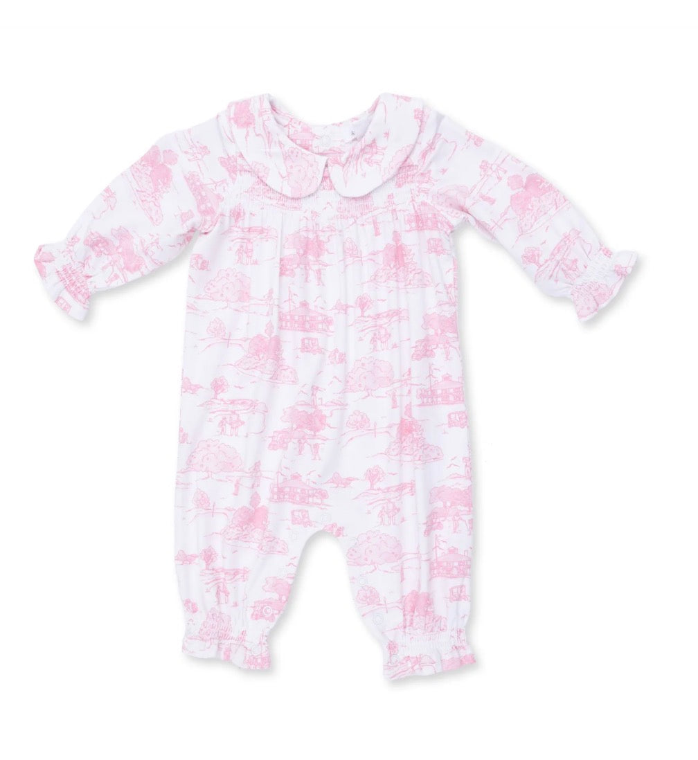 Golf Toile Pink Smocked Long Sleeve Romper
