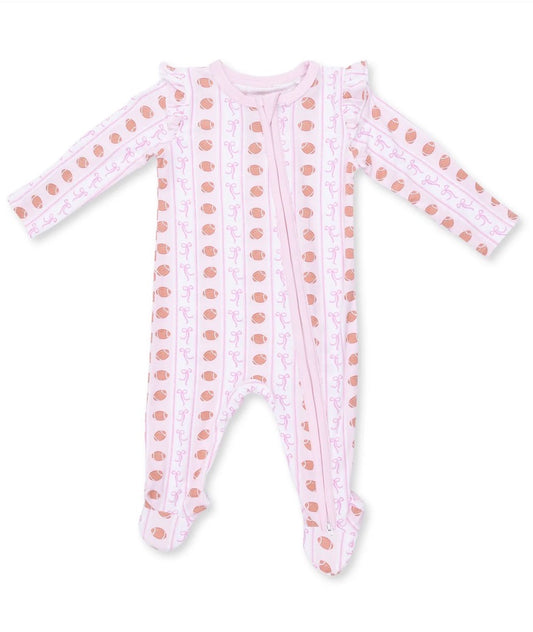 Football Bows stripe 2 way zipper footie