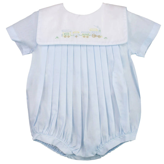 Romper with Train Embroidery in Blue