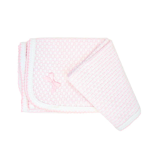Pink Pinstripe Knit Swaddle Blanket with White Trim