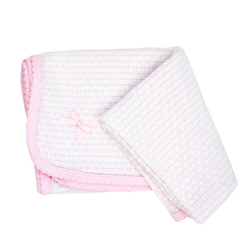 Pink Pinstripe Knit Swaddle Blanket with Pink Pima Trim