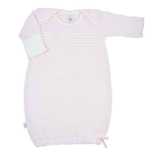 Paty Knit Overlap Shoulder Pink Pinstripe Gown with Bow
