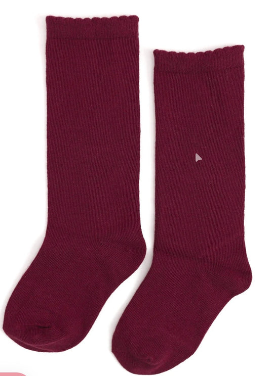 Burgundy Scalloped Knee High Socks