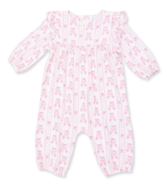 Ballet Shoes Ribbon Stripe Ruffle Sleeve Snap Romper