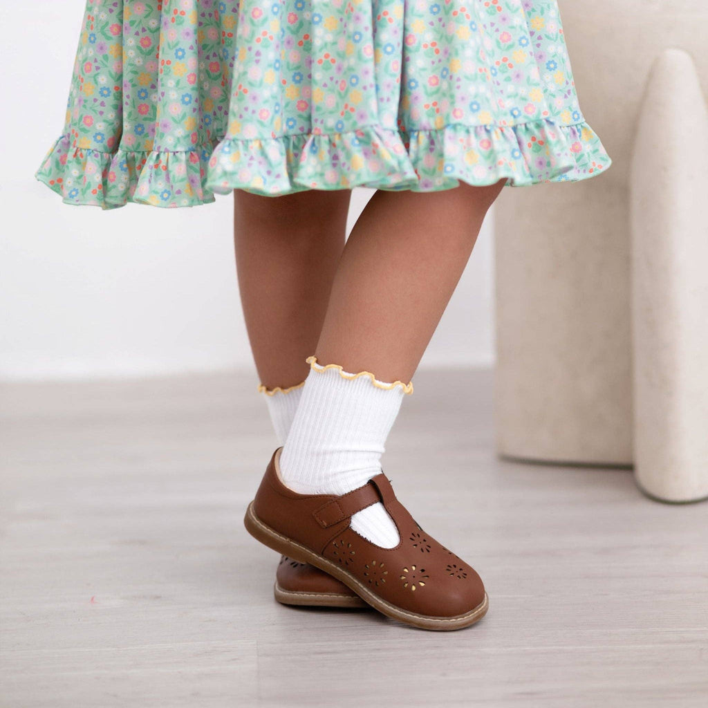 Ribbed Lettuce Trim Midi Socks - White/Sunshine