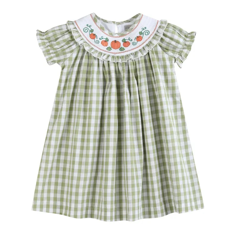 Light Sage Green Gingham Pumpkin Smocked Dress
