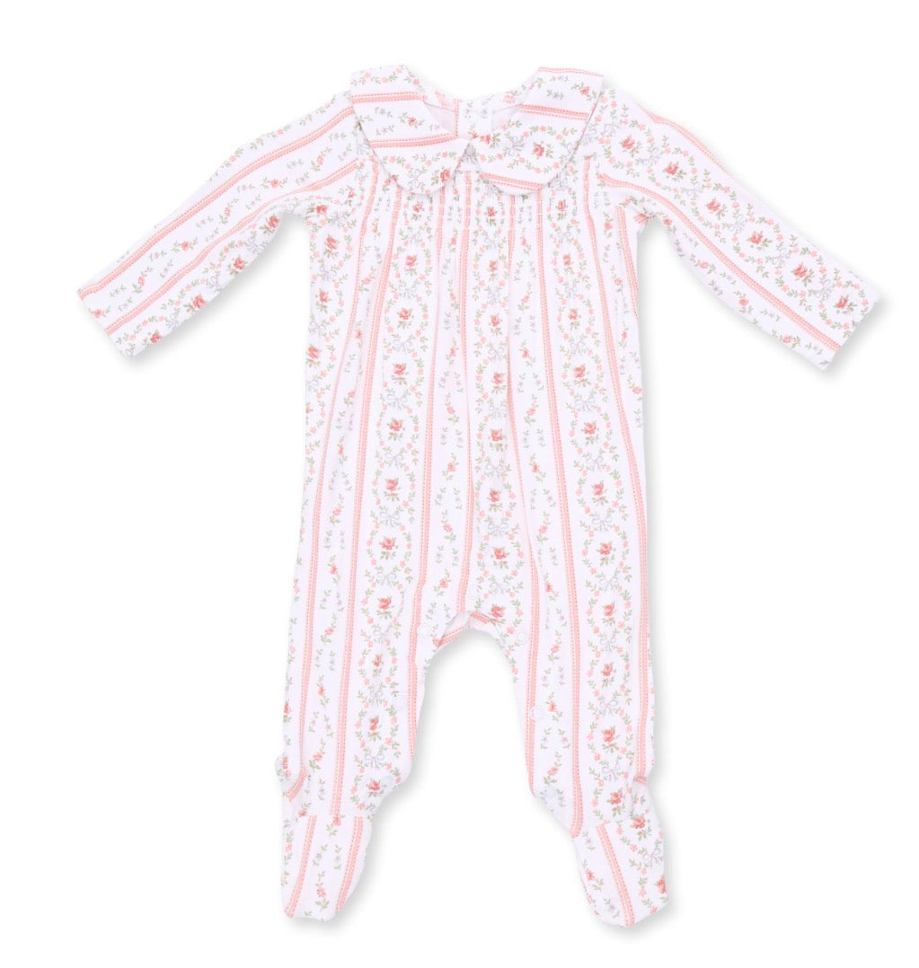 Smocked Peter Pan Snap Footie Marnie Rose Bud Striped