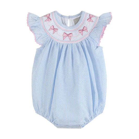 Blue Bow Seersucker Flutter Romper