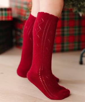 Crimson scalloped fancy knee high socks