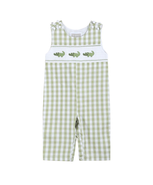 Sage Green Gingham smocked Overalls
