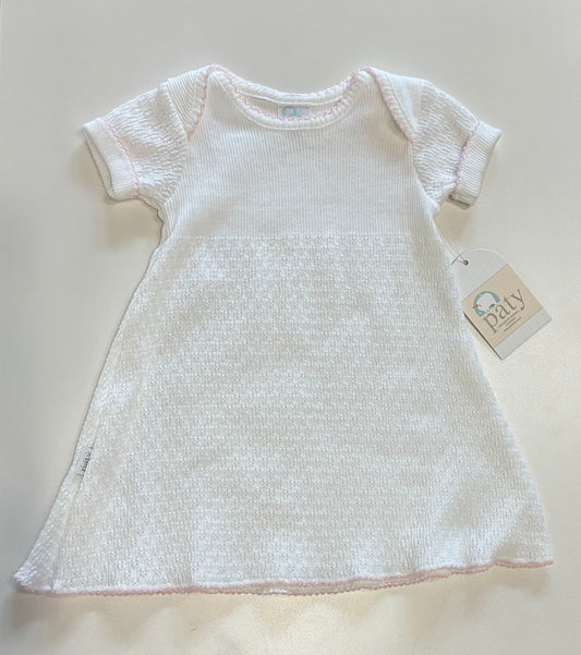 White with Pink Trim Paty Knit Overlap Shoulder Dress