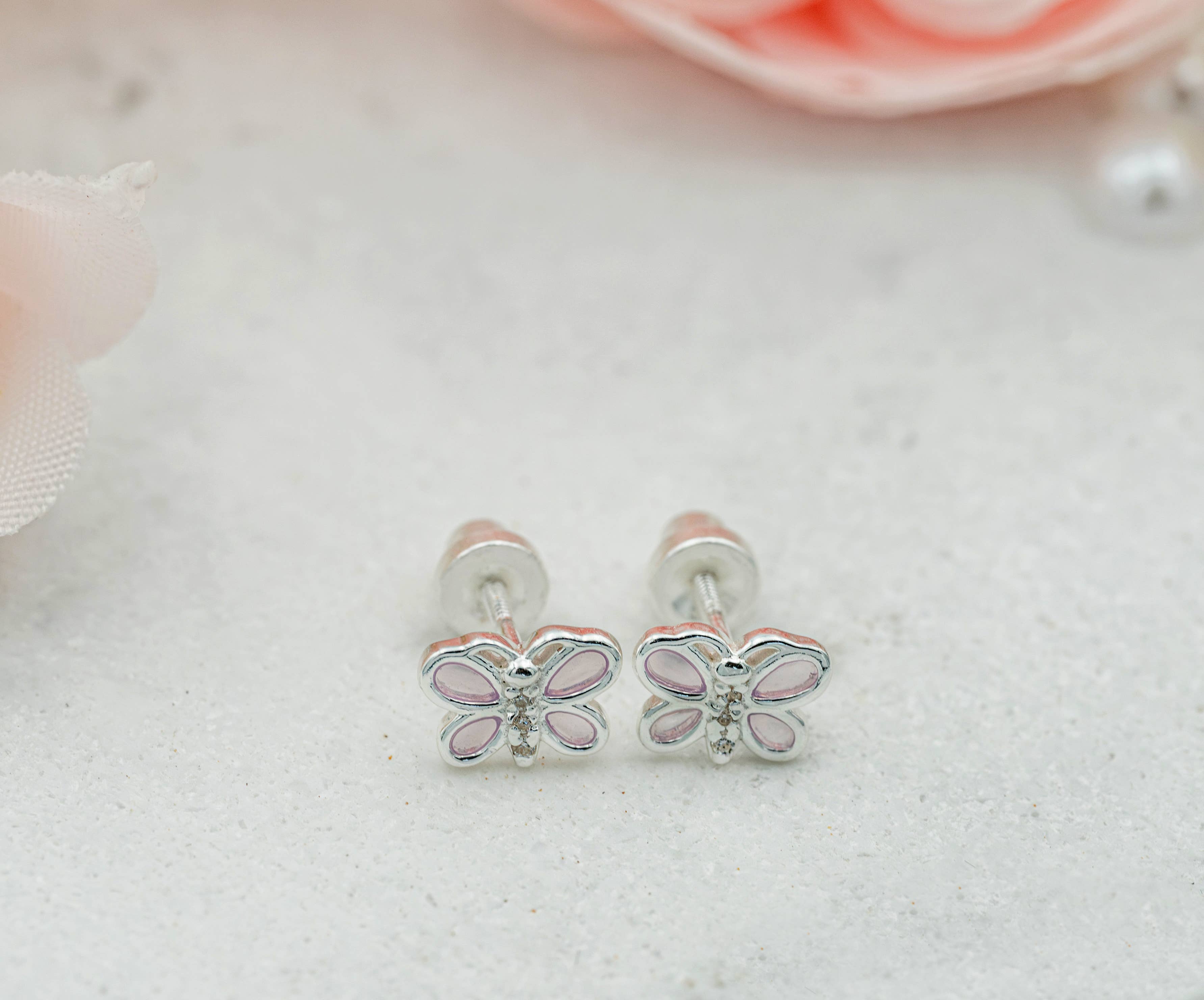 Sterling Silver Girls Screw-Back Pink Butterfly Earrings