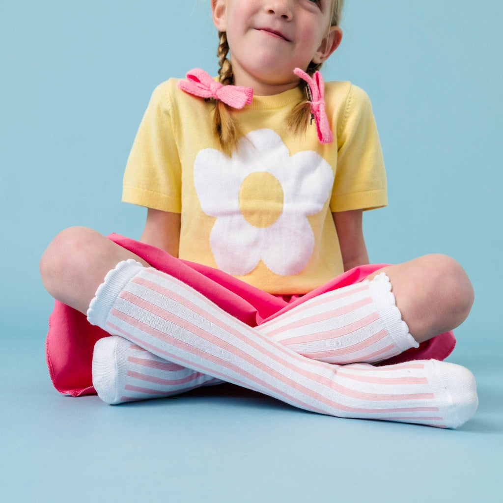 White/Blossom Striped Scalloped Knee High Socks