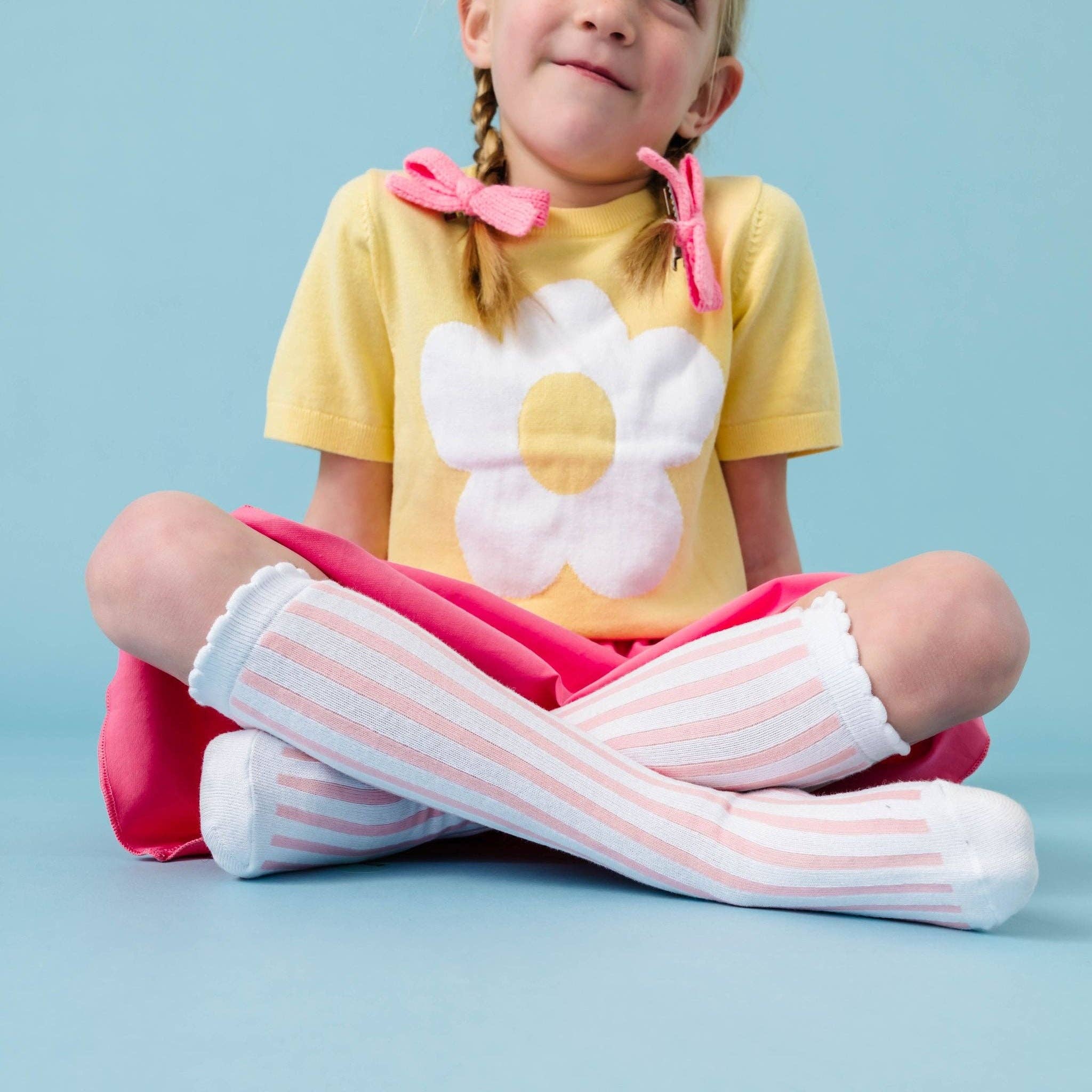 White/Blossom Striped Scalloped Knee High Socks
