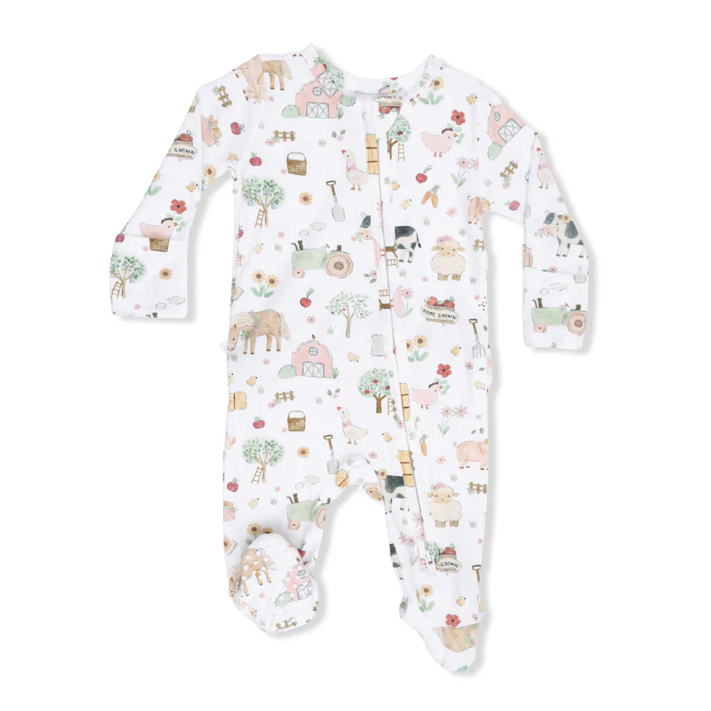Cute Farm Animals Pink 2 Way Ruffle Back Zipper Footie
