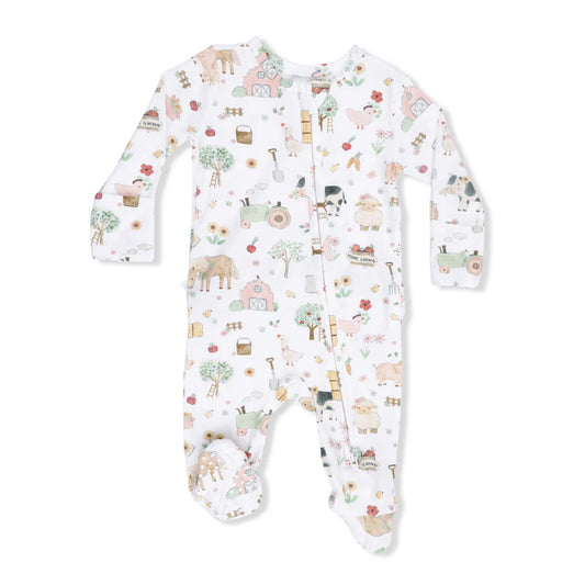 Cute Farm Animals Pink 2 Way Ruffle Back Zipper Footie