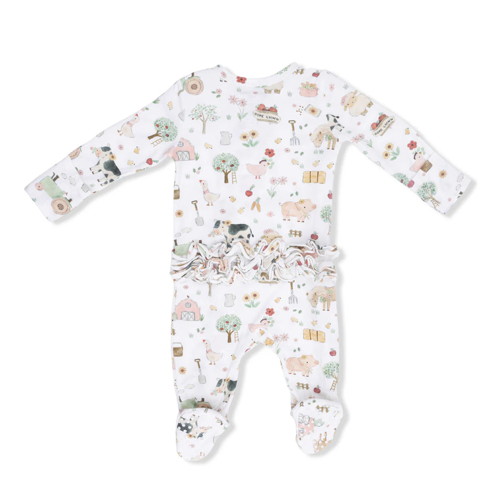 Cute Farm Animals Pink 2 Way Ruffle Back Zipper Footie