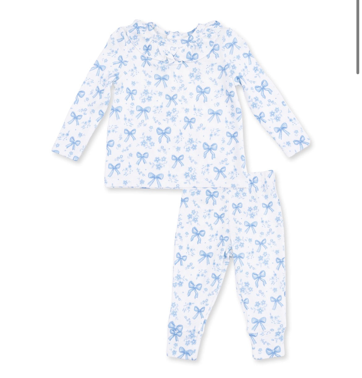 Long Sleeve Ruffle Top and pants In blue bows and flowers