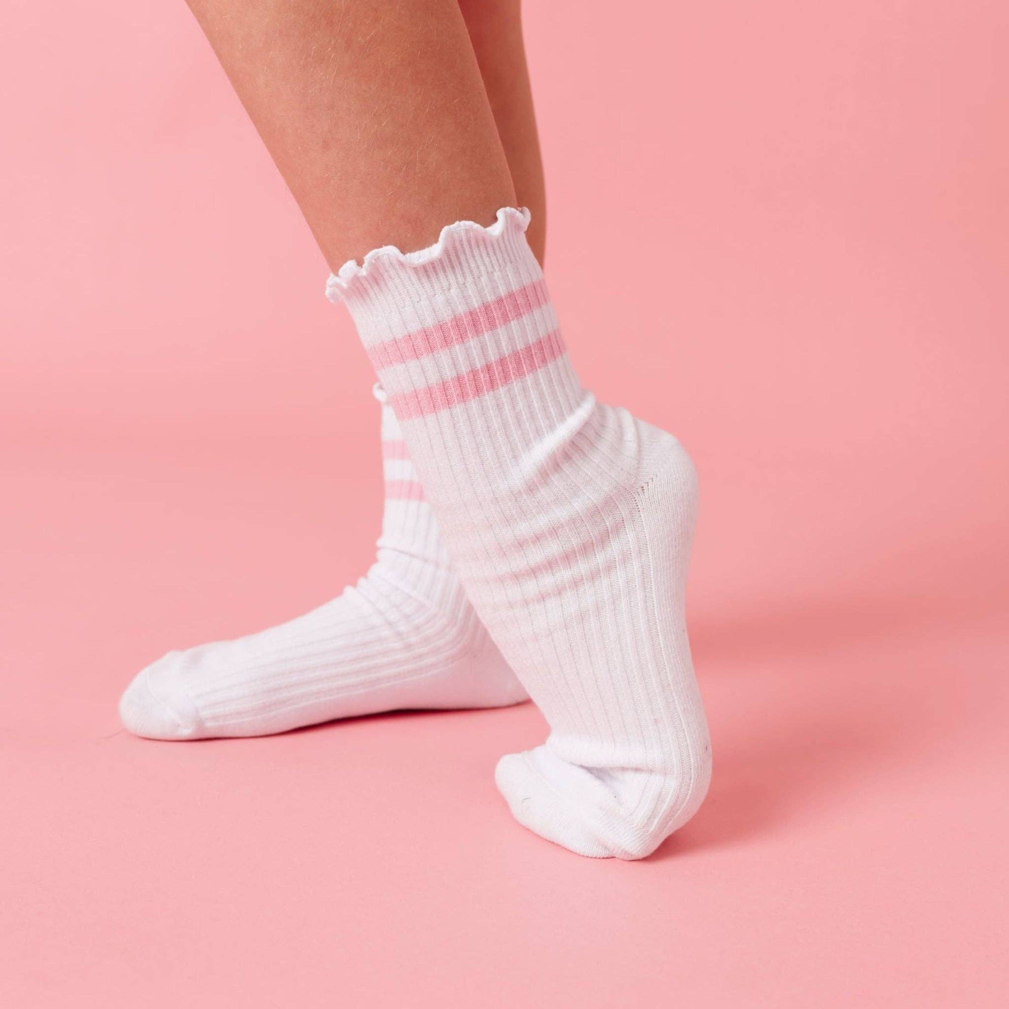 Ribbed Lettuce Trim Midi Socks - White/Blossom Stripe