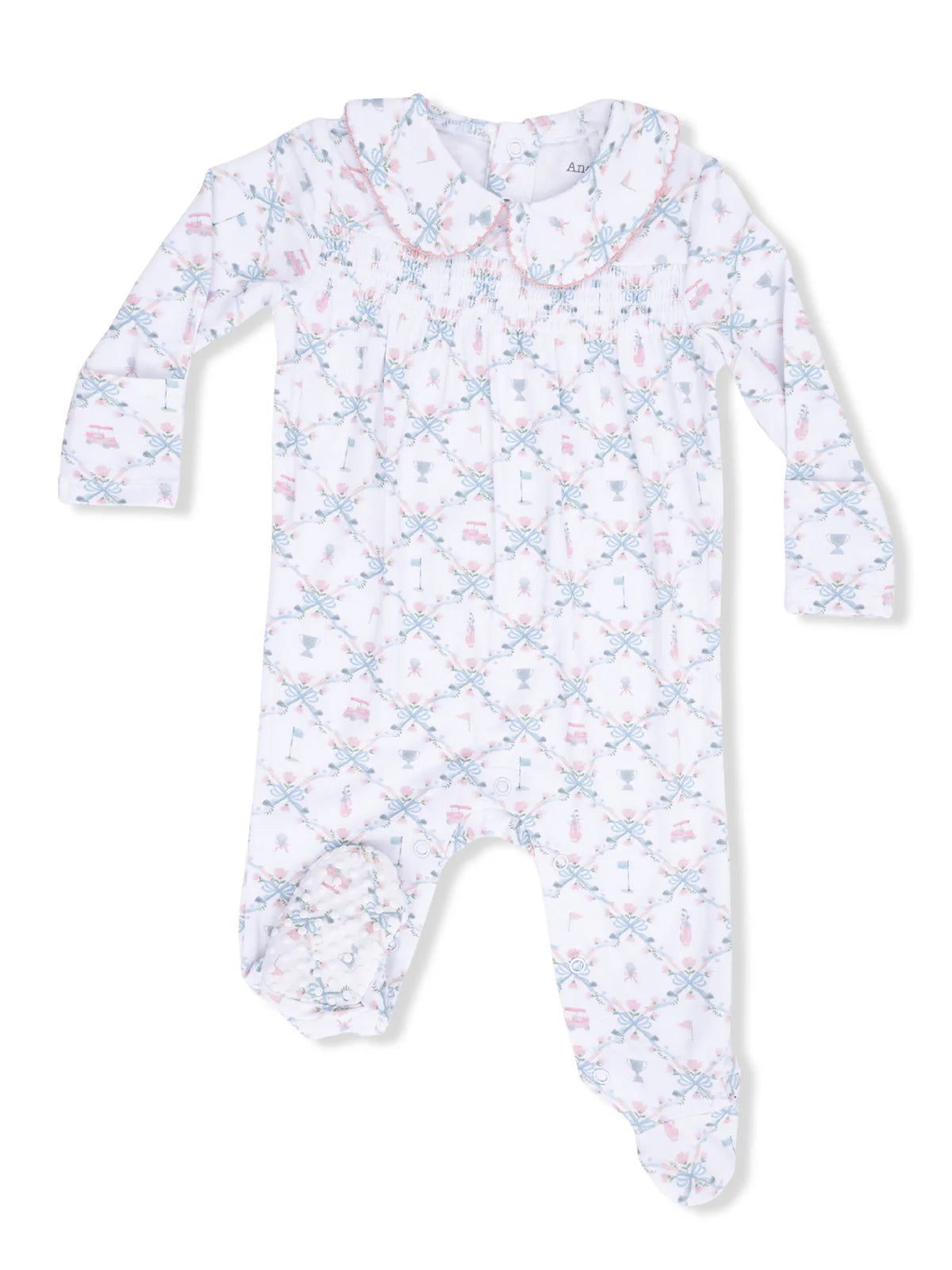 Smocked Peter Pan Footie - Golf Trellis Pink