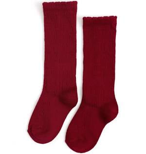 Crimson scalloped fancy knee high socks