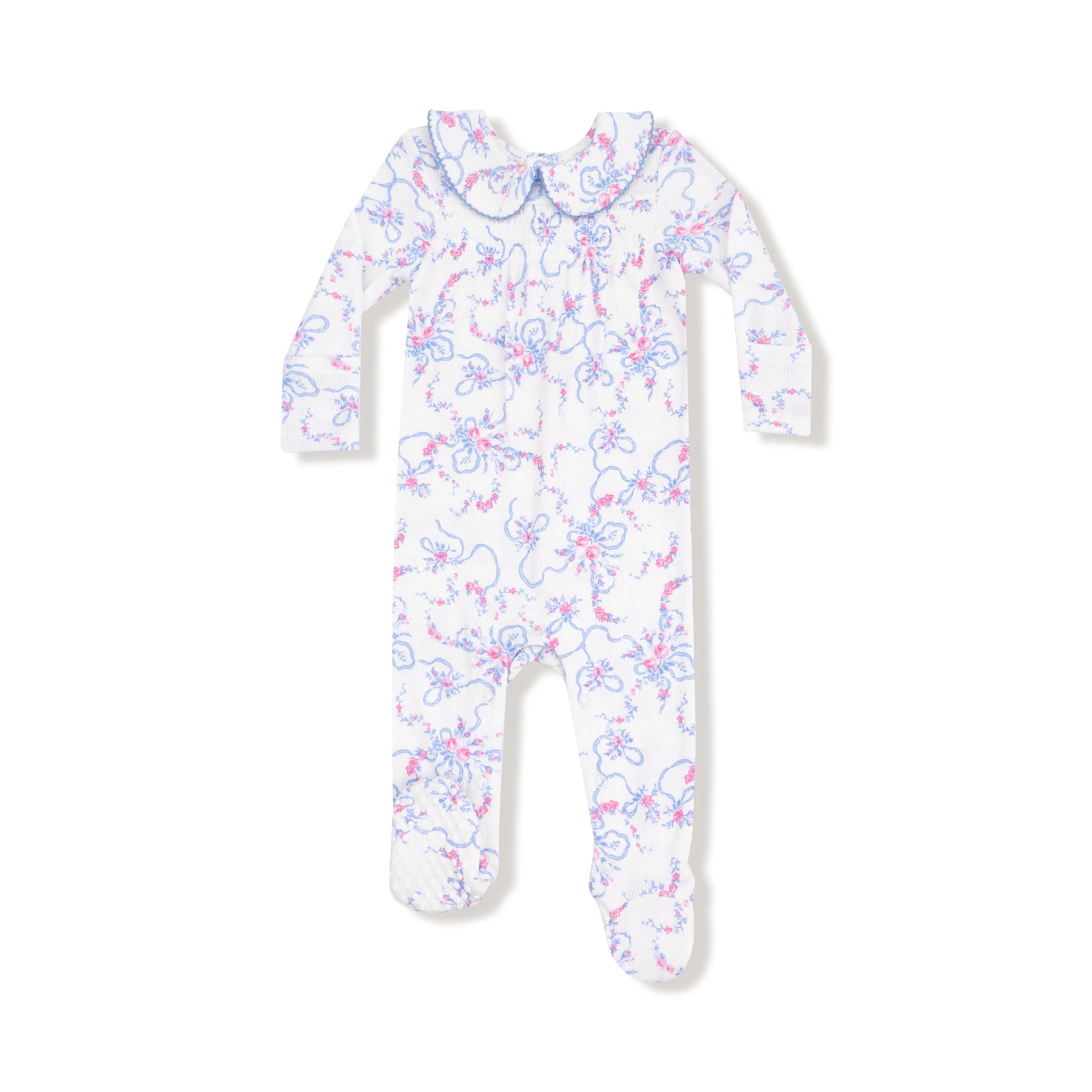 Ivory Ribbon Floral Smocked Peter Pan Snap Footie