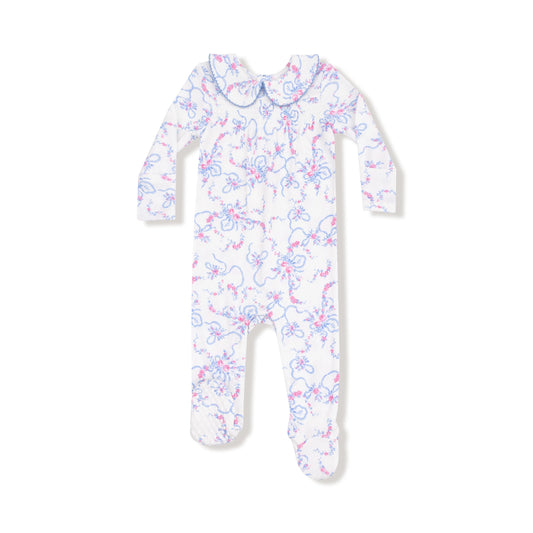 Ivory Ribbon Floral Smocked Peter Pan Snap Footie
