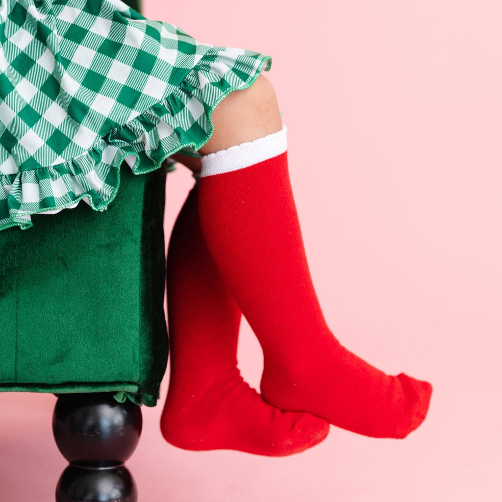 Red/White Scalloped Knee High Socks